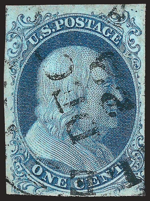 1c Blue, Ty. Ib (5A).> Position 6R1E, large margins to just in incl. sheet margin at top, pretty Robins Egg blue shade from an early printing, proof-like impression, Dec. 22 town datestamp<><>^VERY FINE EXAMPLE
OF THE ONE-CENT IMPERFORATE STAMP