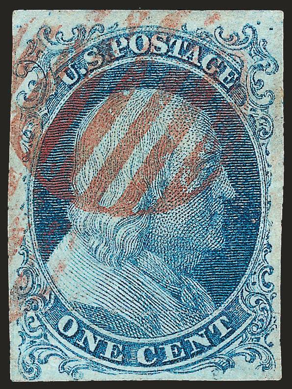 1c Blue, Ty. Ib (5A).> Position 8R1E, large margins to clear including part of sheet margin at top, beautiful Plate 1 Early color, showing clear double transfer at top left, neat strike of <red grid> cancel, two
horizontal creases at bottom, faint co