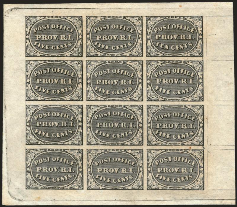 Providence R.I., 5c & 10c Gray Black, Se-Tenant (10X2a).> Complete sheet of twelve, unused (no gum), large margins, crisp impression, light corner crease at bottom left well clear of printed design<><>^A VERY FINE
COMPLETE SHEET OF THE PROVIDENCE P