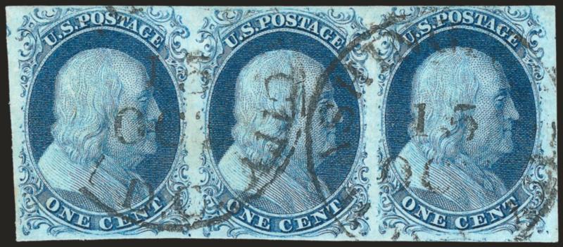 1c Blue, Ty. II (7).> Plate 1E, horizontal strip of three, large margins to just touched in places, cancelled by Washington D.C. circular datestamps, beautiful bright Plate 1E shade, Very Fine, a scarce multiple
from the first plate used to print 1c