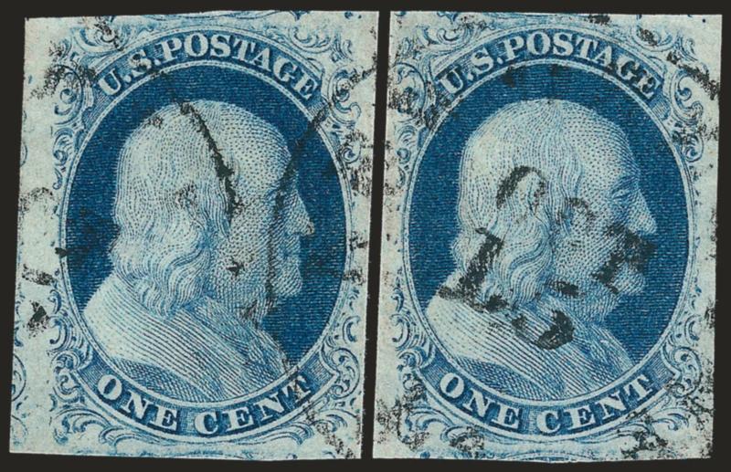 1c Blue, Ty. II (7).> Eight incl. two Plate 1E and six Plate 2, mostly ample margins, two form a severed pair with huge margins, one Plate 2 has double transfer, a couple with trivial flaws, otherwise Fine-Very
Fine, one has A.P.S. certificate