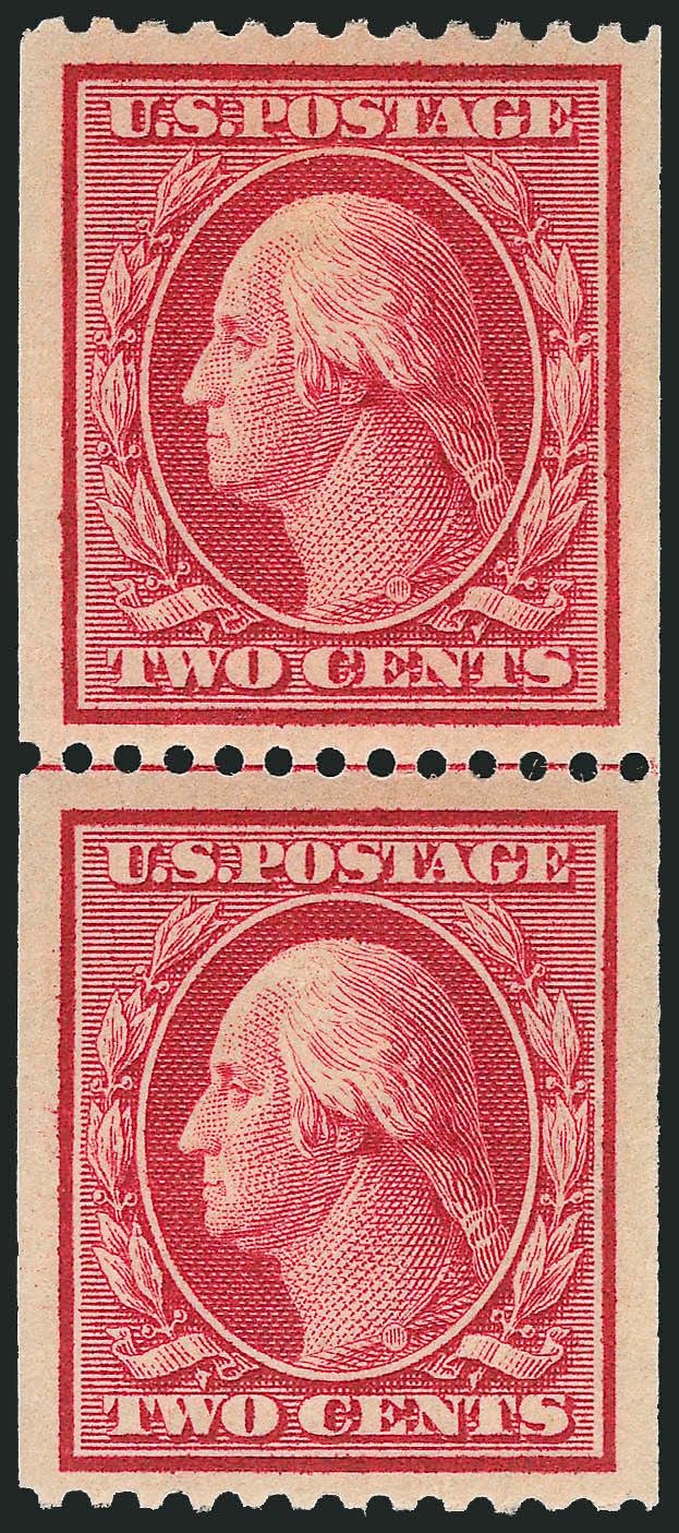 2c Carmine, Coil (386).> Guide line pair, radiant color, unusually wide margins, bottom stamp Mint N.H.<><>^EXTREMELY FINE. A SUPERB GUIDE LINE PAIR OF THE 2-CENT HORIZONTAL COIL, SCOTT 386.^<><>With 1989 P.F.
certificate