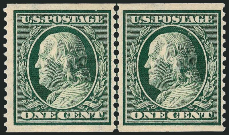 1c Green, Coil (387).> Guide line pair, barest trace of hinging, deep rich color and proof-like impression, wide and balanced margins, fresh and Extremely Fine, with 1976 and 2003 P.F. certificates