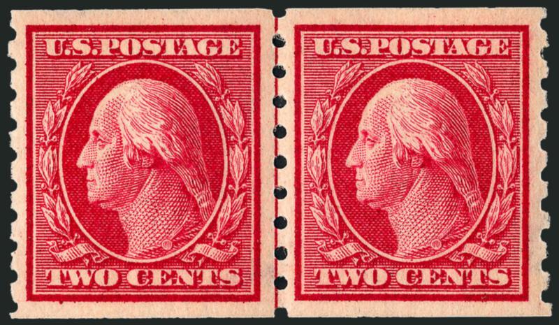 2c Carmine, Coil (393).> Guide line pair, lightly hinged, brilliant color, well-balanced margins, Extremely Fine, with 1989 P.F. certificate