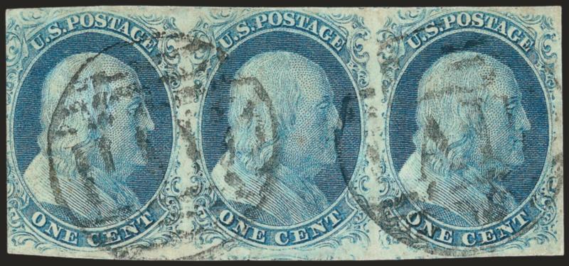 1c Blue, Ty. II-IIIa-IIIa (7-8A-8A).> Positions 16-18R1E, horizontal strip of three with pair of Type IIIa at right, large margins to slightly in at left, Boston large Paid grid cancels, small thin spot in
righthand pair (Type IIIa), Fine-Very Fine