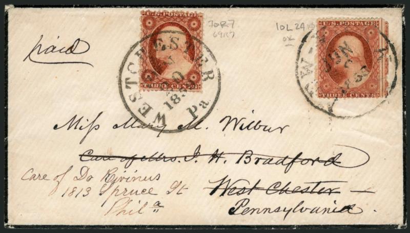 3c Dull Red, Ty. III (26).> Position 10L24, perforated straddle-pane margin with centerline at right, sealed tear, tied by <New-York Jun. 18, 1859> circular datestamp on mourning cover to West Chester Pa.,
forwarded to Philadelphia with 3c Rose, Ty