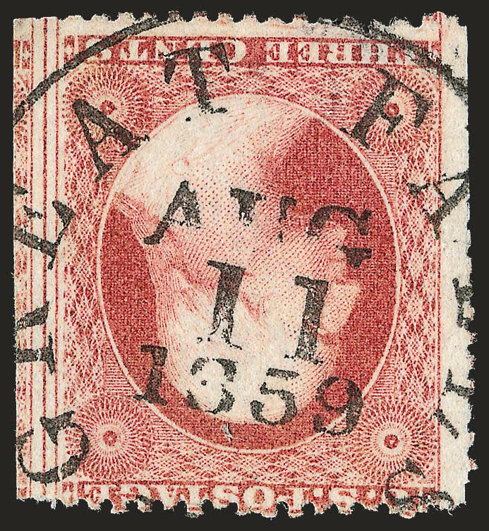 3c Claret, Ty. III (26 var).> Position 40L27, incl. <straddle-pane margin> at right, neat strike of <Great Falls Aug. 11, 1859> circular datestamp, bright color, Very Fine, this is <the earliest recorded usage
for Plate 27>