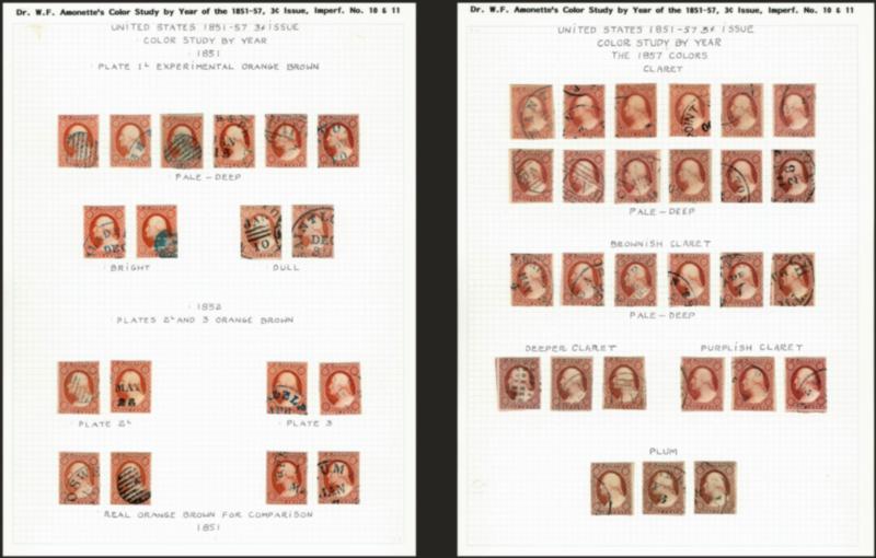 Dr. W. F. Amonettes Color Study by Year of the 3c 1851-57 3c Issue, Imperf No. 10 & 11.> Mounted and well-annotated study collection comprising Nos. 1010A (31), Nos. 1111A (194), ten Experimental OBs, four 1852
OBs and two 1856 OBs, and three