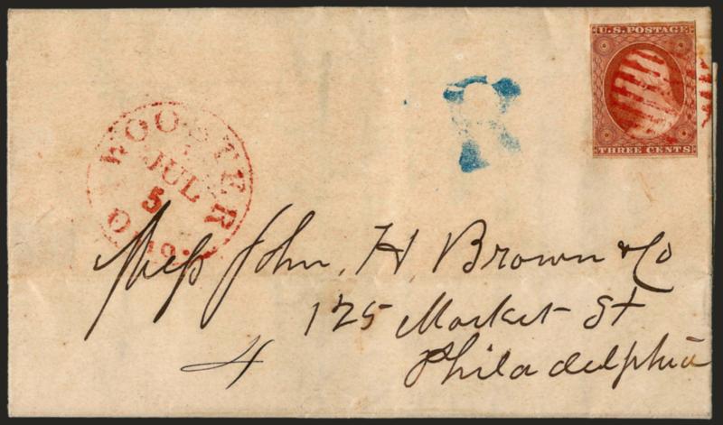 3c Pale Yellowish Orange Brown, Ty. I (10).> Position 72R1E, three ample margins, slightly in along right frameline, tied by vivid red grid, matching Wooster Ohio Jul. 5 circular datestamp on <July 5, 1851
registered folded letter> to Philadelphia,