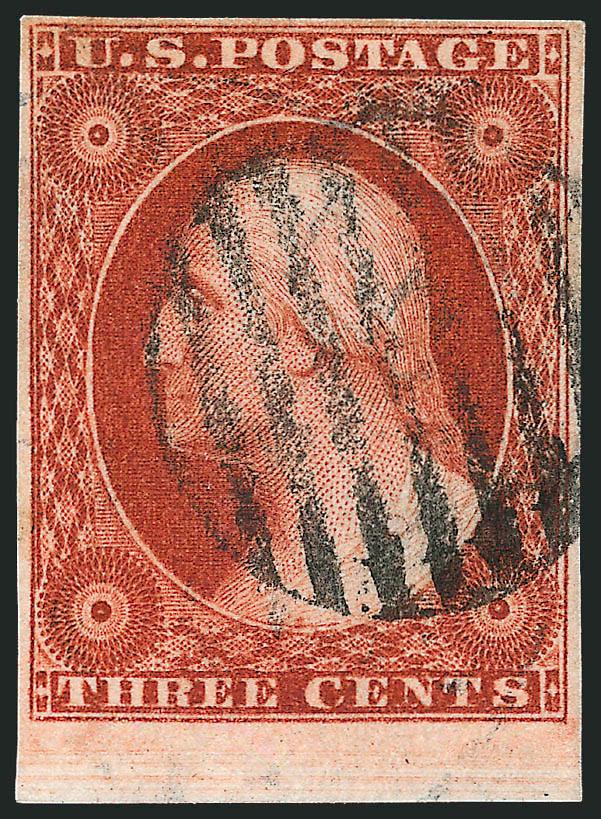 3c Deep Orange Brown, Ty. II (10A).> Position 97L2E, huge margins to full incl. <sheet margin at bottom,> unusually deep shade, bold strike of grid cancel, fresh and Extremely Fine, a gorgeous stamp