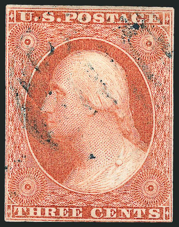 3c Pale Yellowish Orange Brown, Ty. II (10A).> Position 38L1E, first printing in this distinctive shade, large margins to clear, small wrinkle at bottom left, still Very Fine example of this extremely rare
shade, with note from Dr. Amonette, Scott Re