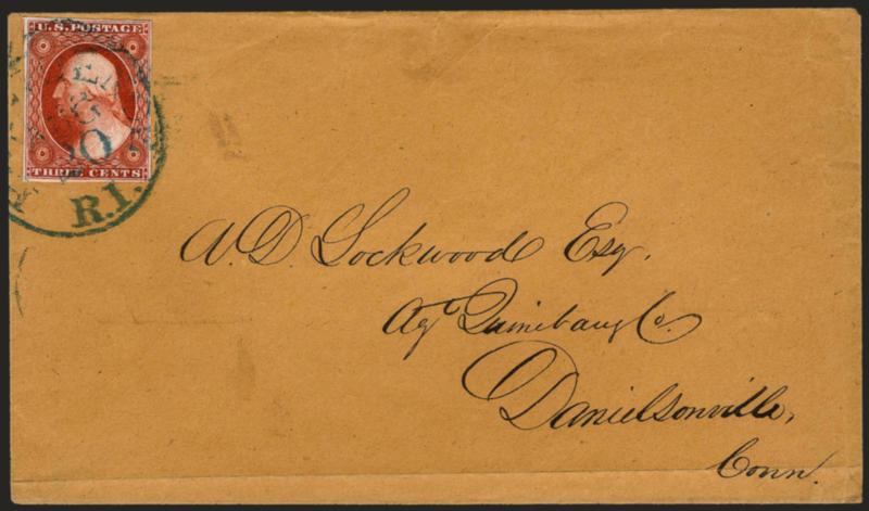 3c Deep Orange Brown, Ty. II (10A).> Position 42R5E, ample to large margins, fantastic intense shade and impression, tied by blue Providence R.I. Aug. 20 (1851) circular datestamp on buff cover to Danielsville
Conn., original enclosure, light fold