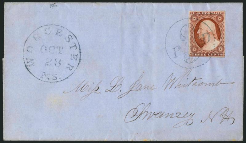 3c Orange Brown, Ty. II (10A).> Position 28L1i, large margins to clear, tied by unusual blue <large Paid 3 in circle> handstamp, matching Worcester Ms. Oct. 28 circular datestamp on blue folded cover to N.H.,
fresh and Very Fine, scarce and desir