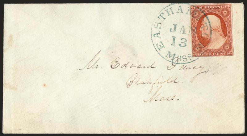 3c Orange Brown, Ty. II (10A).> Large margins to clear incl. part of adjoining stamp at top, brilliant color, tied by <blue> Easthampton Mass. Jan. 13 circular datestamp on cover to Greenfield Mass., fresh and
Very Fine, a pretty cover
