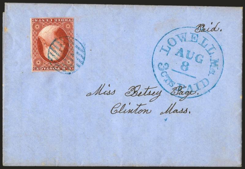 3c Orange Brown, Ty. II (10A).> Position 16L5E, large margins to clear, radiant color described on back as Pale Medium Orange Brown, affixed upside down and tied by <blue> grid, matching Lowell Ms. 3cts. Paid
Aug. 8 circular datestamp on blue 185