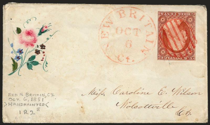 3c Orange Brown, Ty. II (10A).> Position 1R2E, large margins to clear, color identified by Dr. Amonette as Medium Brownish Orange Brown, tied by red grid, matching New Britain Ct. Oct. 6 circular datestamp on
<hand-drawn Valentine> cover to Wolco