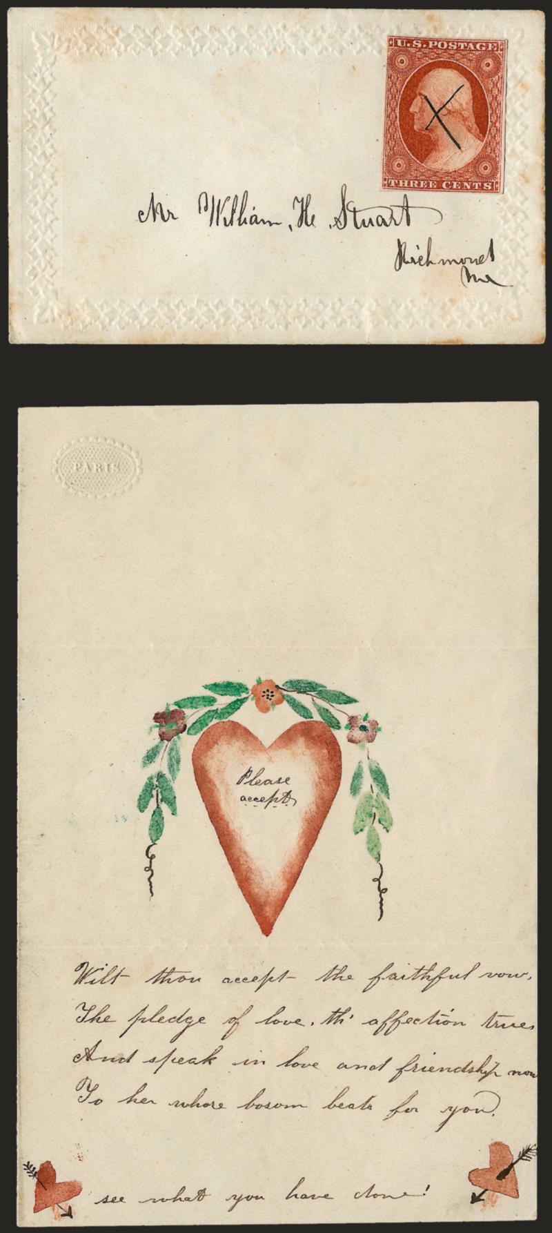 3c Orange Brown, Ty. II (10A).> Two <Valentine> covers, incl. one from Plate 0 tied by <blue> grid, matching Newark Del. Jul. 20 circular datestamp, other Position 97L5E with ms. X and no town marking to
Richmond Me. (with original enclosure), Fi