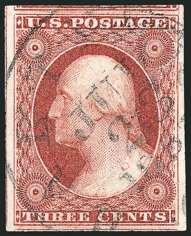 3c Dull Red, Ty. I (11).> Position 34R4, enormous margins all around incl. part of stamps on three adjoining sides, brilliant color, neat strike of circular datestamp, Extremely Fine Gem, a huge stamp