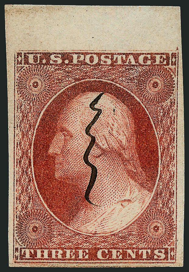 3c Yellowish Rose Red, Ty. I (11).> Position 4L8 with <Gash on Shoulder> variety, huge margins incl. <top sheet margin,> gorgeous color and impression, neat ms. cancel, Extremely Fine Gem, with notes from Dr.
Amonette (Perhaps the prettiest stamp ev