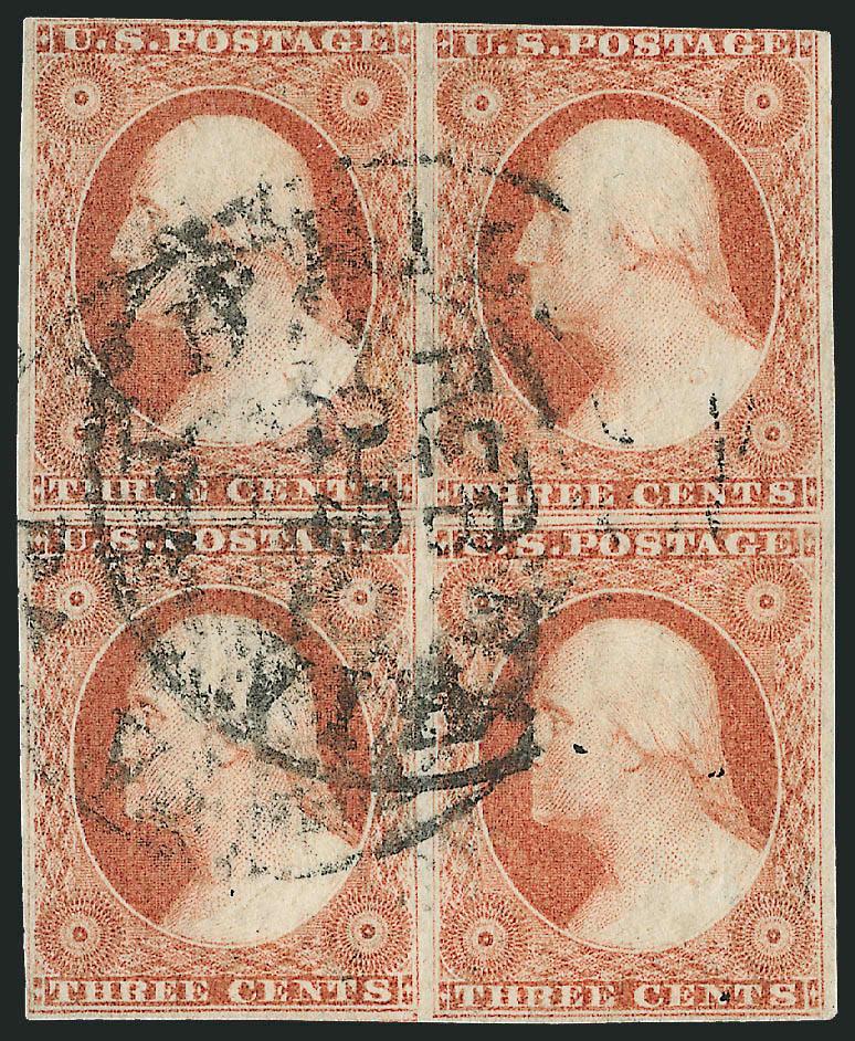 3c Orange Red, Ty. I (11).> Positions 15-1625-26R4, block of four cancelled by Philadelphia circular datestamp, large margins to slightly in at top, pressed vertical crease, otherwise Fine-Very Fine, an
attractive used block