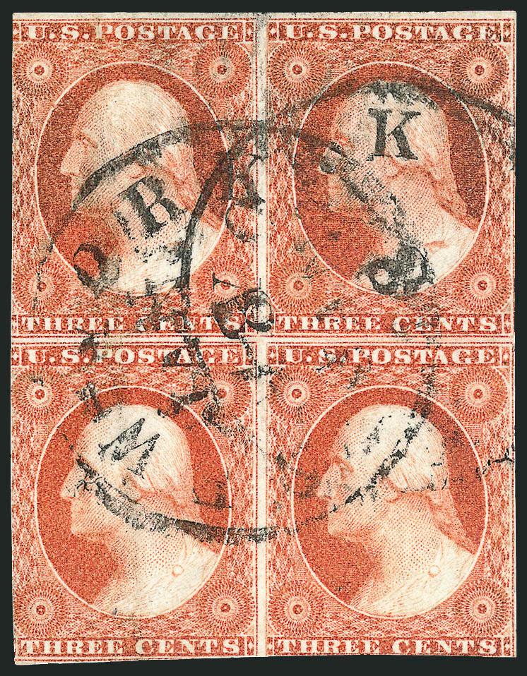 3c Orange Red, Ty. I (11 var).> Positions 5-615-16L4, block of four, large margins to in, beautiful color which strikes us as the Experimental Orange Brown shade (a note from Dr. Amonette calls it Orange Red, so
we defer to his judgment), two neat s