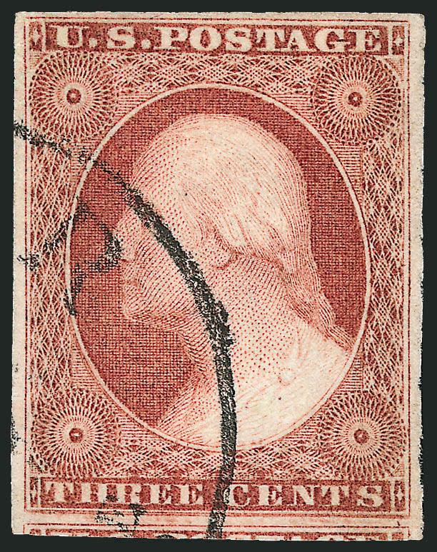 3c Claret, Ty. II (11A).> Position 24L5L, large to huge margins incl. part of adjoining stamp at bottom, <double transfer,> neat strike of circular datestamp, unusually detailed impression, Extremely Fine, with
note stating <<the finest impression I