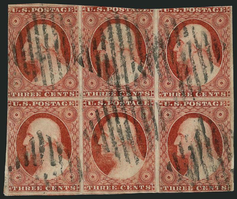 3c Dull Red, Ty. II (11A).> Positions 77-7987-89L2L, block of six, large margins to in, bright color, neat strikes of New York square grid cancels, center stamps small flaws, Fine appearance, according to Chase
the latest known use of this grid is D