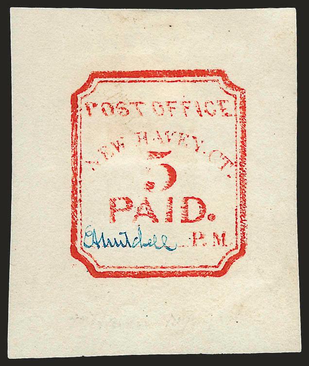 New Haven Conn., 5c Vermilion, Reprint (8XU1R).> Blue signature, faint crease at bottom right not affecting design, Very Fine appearance