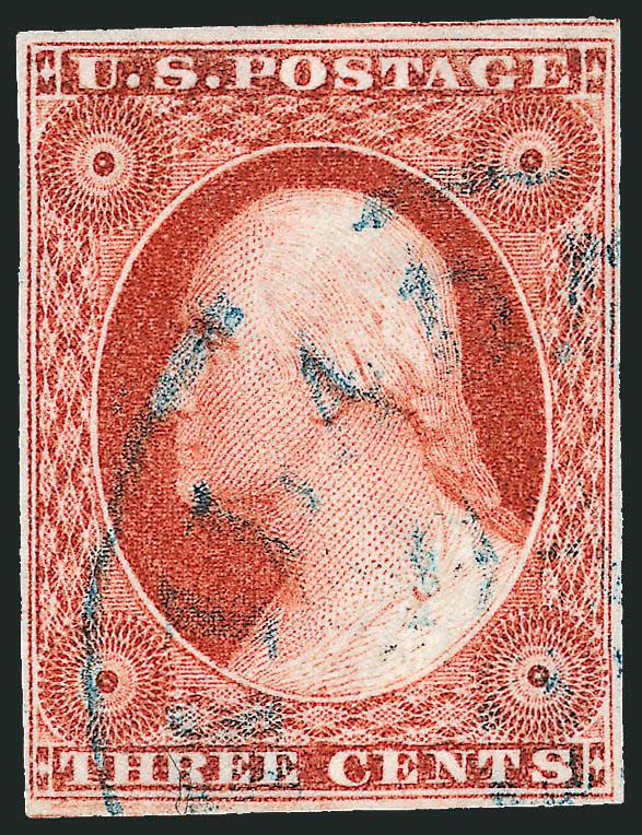 3c Experimental Orange Brown, Ty. II (11A var).> Position 17L1L, large margins to full incl. part of adjoining stamp at top, brilliant color, light strike of <blue> Philadelphia circular datestamp, Very Fine and
choice, a pretty stamp