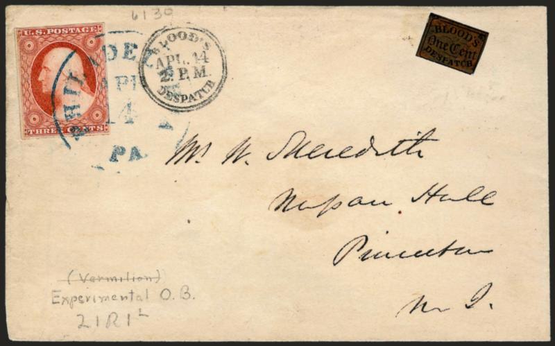 3c Experimental Orange Brown, Ty. II (11A var).> Position 21R1L, large margins to clear at lower right, vivid shade, tied by blue Philadelphia Pa. Apr. 14 circular datestamp, used with loods City Despatch,
Philadelphia Pa., 1c Bronze on Black Gl