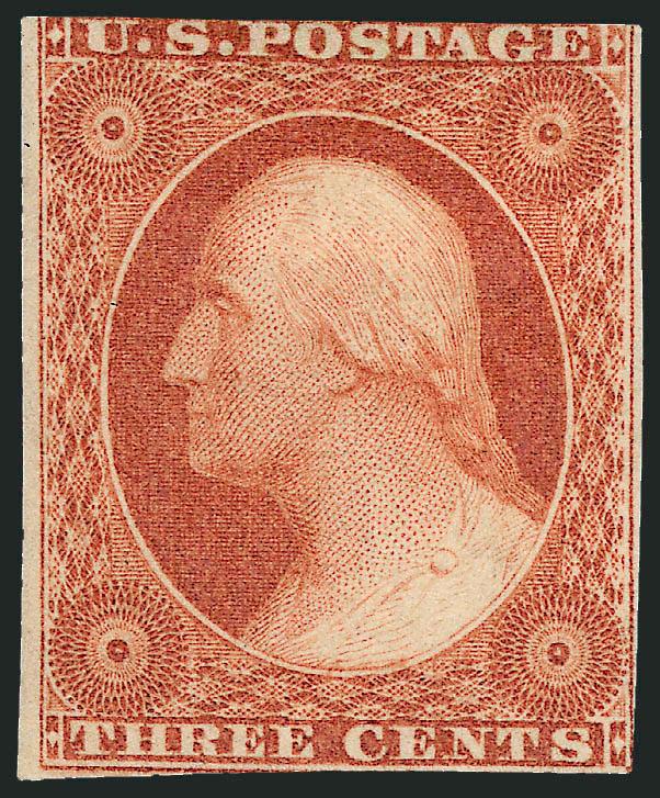 3c 1856 Orange Brown, Ty. I (11 var).> Position 23L8, original gum, h.r., large margins to in, brilliant color, fresh and Fine, an extremely rare stamp, especially in original-gum condition, with note from Dr.
Amonette