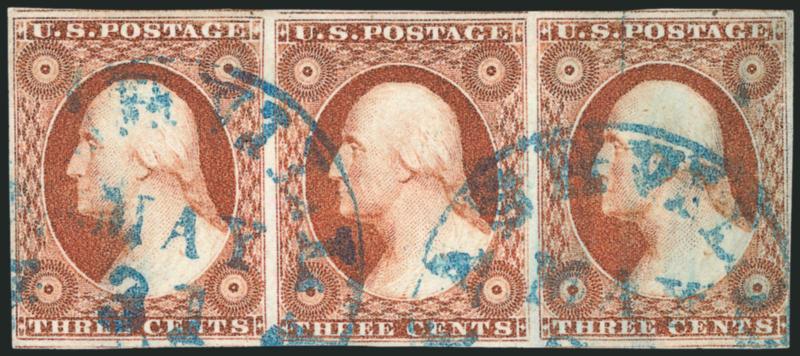 3c 1856 Orange Brown, Ty. II (11A var).> Positions 38-40L2L, horizontal strip of three, two neat strikes of <blue> Nashville Ten. May 31 circular datestamp, slight oxidation, Very Fine-Extremely Fine, scarce
multiple of this desirable shade, signed