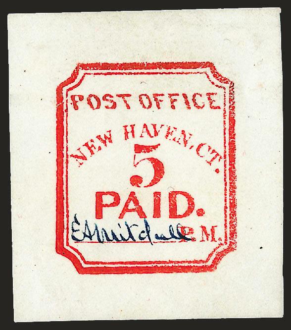 New Haven Conn., 5c Vermilion, Reprint (8XU1R).> Dark Blue signature, bright shade, insignificant tiny thin speck at top, Very Fine appearance, with 1983 P.F. certificate as 1874 Peets reprint