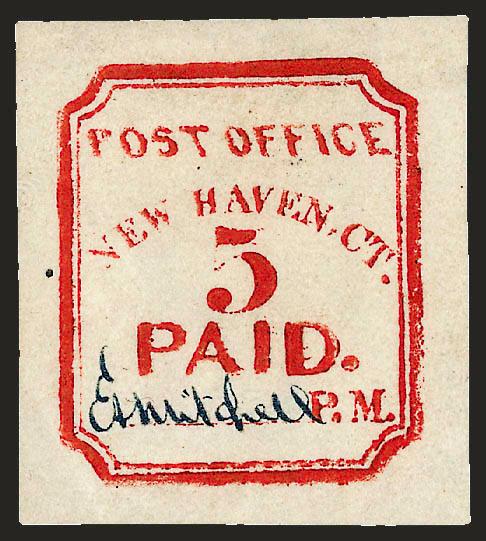 New Haven Conn., 5c Vermilion, Reprint (8XU1R).> Dark Blue signature, few adherences on back on no importance, Very Fine, with 1997 P.F. certificate as 1874 Peets reprint