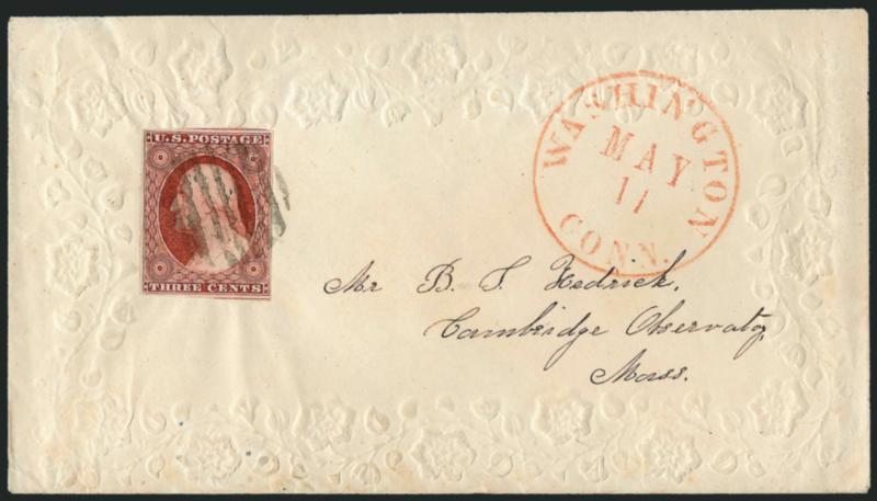 3c Claret, Ty. II (11A).> Position 84R1L, large margins incl. bits of adjoining stamps at top and bottom, rich color, tied by cork grid cancel, red Washington Conn. May 11 circular datestamp on <ladys embossed
cover> to Cambridge Observatory in Ma