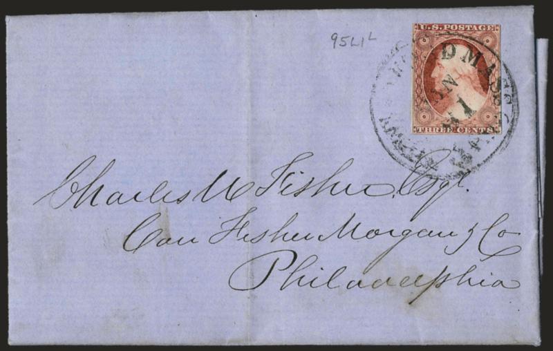 3c Dull Red, Ty. II (11A).> Two covers and seven used, all from Position 95L1L and with recut triangle at upper left, range of shades from Experimental OB to Dull Red to Late Claret, overall Fine-Very
Fine