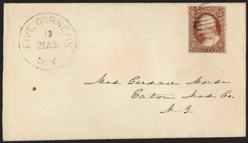 3c Dull Red, Ty. II, Major Plate Crack (11A var).> Position 94L5, showing major plate crack at right, tied by grid, Five Corners N.Y. Mar. 13 circular datestamp on immaculate cover to Eaton N.Y., Extremely
Fine