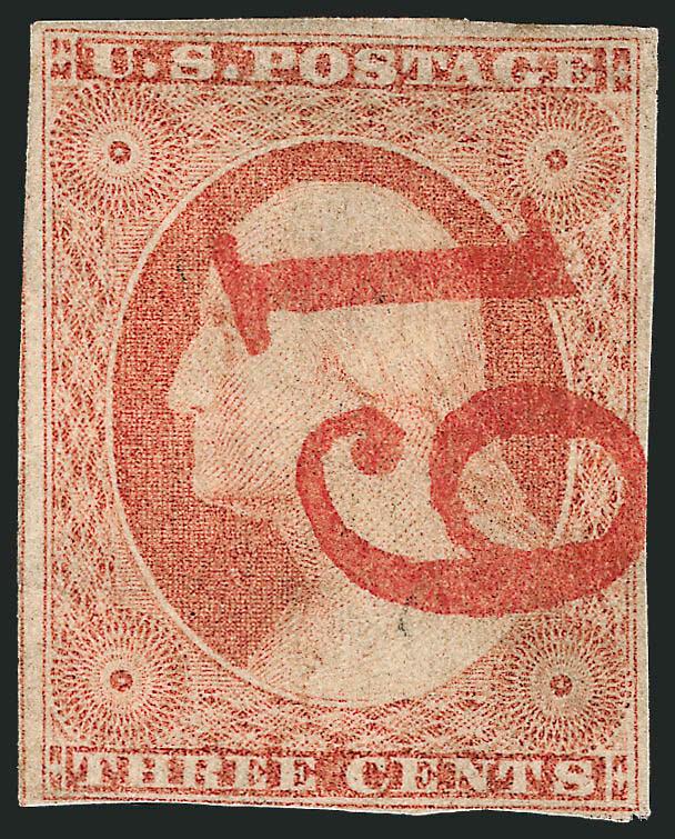 3c Claret, Ty. II (11A).> Large margins to just touched, bright color nicely complemented by <red numeral 19 handstamp,> light horizontal crease at top, appears Very Fine, scarce cancelled solely by the numeral
which was most frequently used to mar