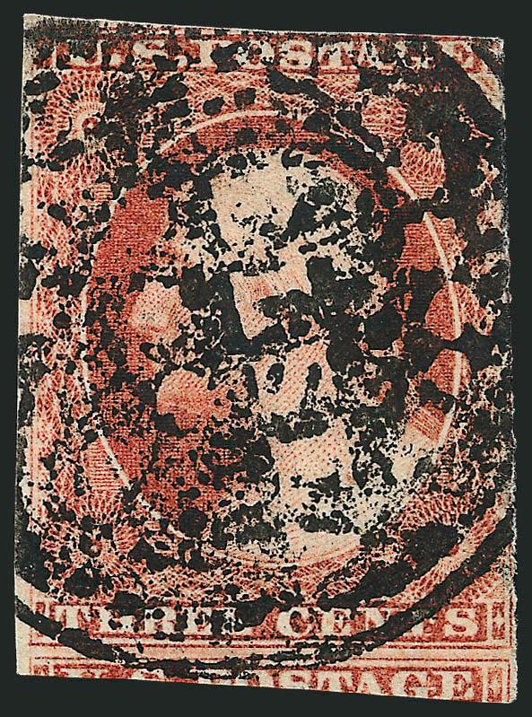 3c Dull Red, Ty. I (11).> Huge margins to just in incl. part of adjoining stamp at bottom, rich color, bold strike of <negative BELSEA> of fancy cancel, trivial corner crease at top right, Very Fine appearance,
a most unusual cancel