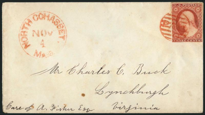 3c Dull Red, Ty. II (11A).> Bright shade, large margins to just in incl. part of adjoining stamp at top, tied by red <Paid in grid> handstamp, matching North Cohasset Mass. Nov. 4 circular datestamp on cover to
Lynchburg Va., Very Fine, an unusua