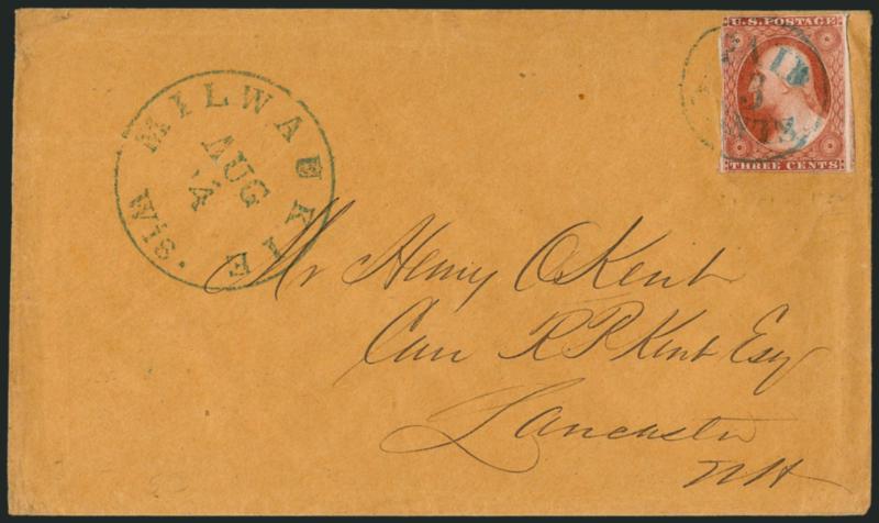 3c Dull Red, Ty. II (11A).> Large margins to just in at top left, bright shade, tied by blue <Paid 3 Cents in circle> handstamp, matching Milwaukee Wis. Aug. 4 circular datestamp on buff cover to Lancaster N.H.,
fresh and Very Fine example of thi