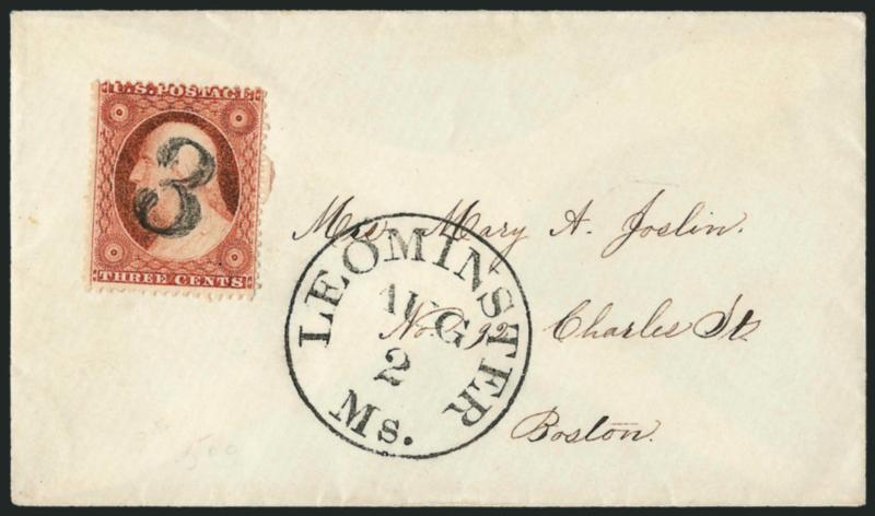 3c 1851-57 Used from Leominster Mass.> Four covers, two with No. 11A (vastly different shades) with one tied by Paid 3 handstamp and the other tied by grid and Paid handstamp, other two with No. 26 and cancelled
by bold 3 handstamps, Fine-Very