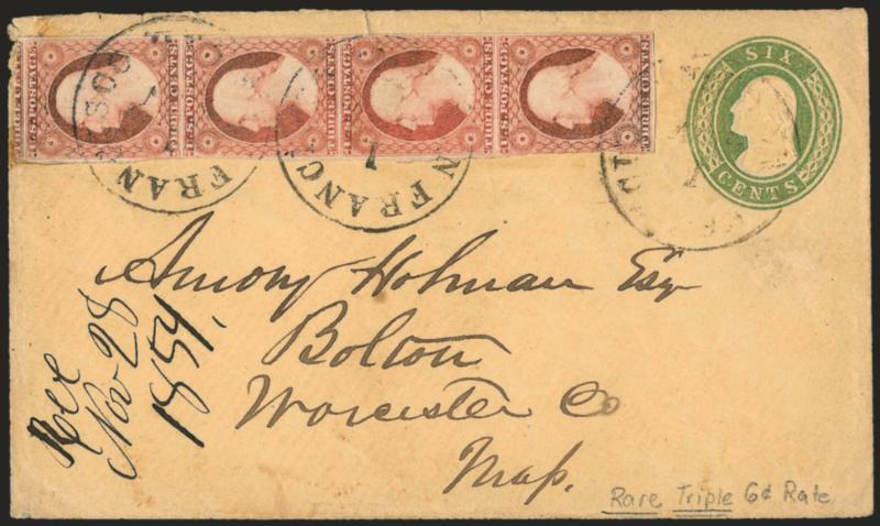 3c Dull Red, Ty. II (11A).> Vertical strip of four, large margins to in, tied by San Francisco Cal. Aug. 1 circular datestamps on <6c Green Nesbitt entire> to Bolton Mass., 1854 docketing at left, minor
edgewear, Very Fine, scarce usage paying thre