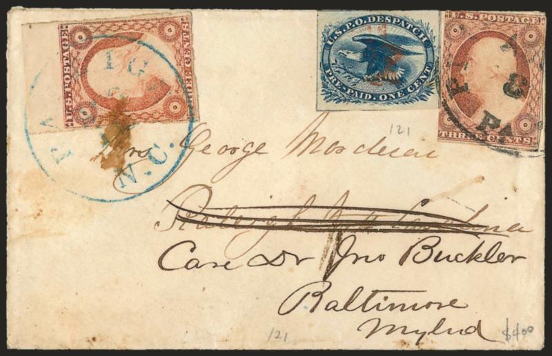 1c Blue, Eagle Carrier (LO2).> Cancelled by red star, <used with 3c Dull Red, Ty. II (11A)> and both stamps tied by Philadelphia Pa. Aug. 8 circular datestamp to Raleigh N.C. and <forwarded> to Baltimore,
forwarding postage paid by 3c Dull Red, Ty.