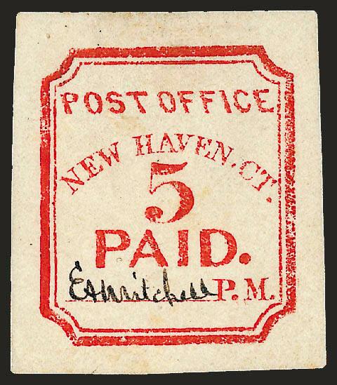 New Haven Conn., 5c Vermilion, Reprint (8XU1R).> Dark Blue signature, radiant color, Very Fine