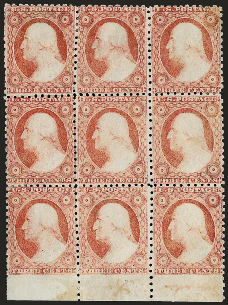 3c Dull Red, Ty. II, Chicago Perf 11 (11A var).> Positions 74-7684-8694-96R2L, unused block of nine (no gum) with wide imperforate sheet margin at bottom, choice centering, bright color, lightly stained and ms.
<<Sample A>> at bottom, pinholes in
