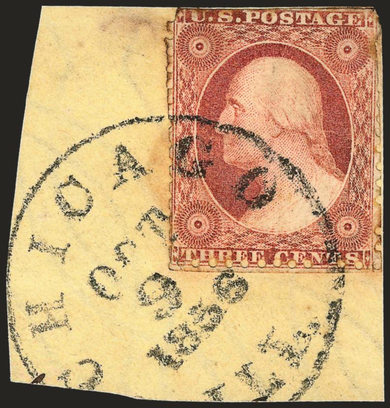 3c Claret, Ty. II, Chicago Perf 12-12 (11A var).> Position 87L2L, short perfs and clipped at top, tied by Chicago Ill. Oct. 9, 1856 circular datestamp on piece, slight toning, otherwise Fine, scarce Claret shade
with Chicago Perf, with 1972 P.F. c