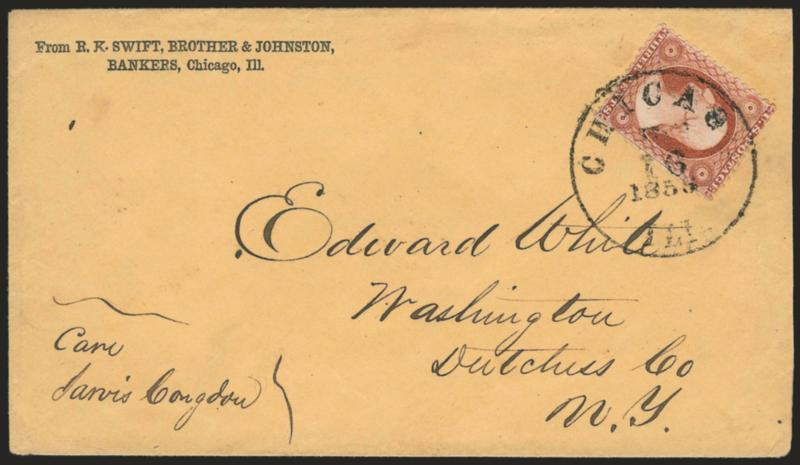 3c Dull Red, Ty. I, Chicago Perf 12-12 (11 var).> Position 24L6 plating notation, perfectly centered with perfs all around, rich color, tied by Chicago Ill. (Dec?) 16, 1856 circular datestamp on buff cover to
Washington N.Y. with <printed corner c