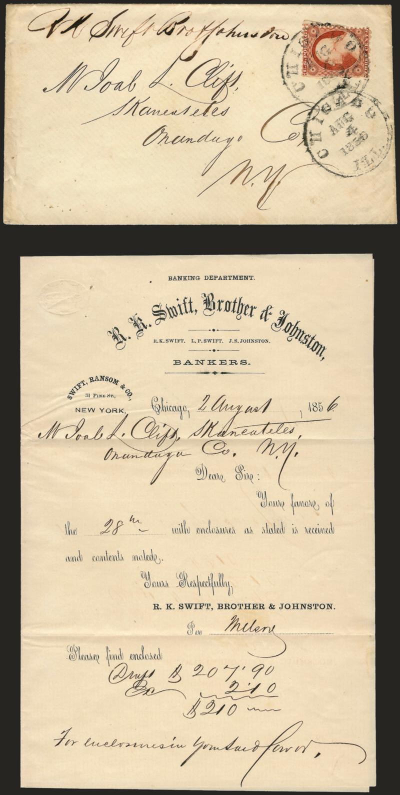 3c Dull Red, Ty. I, Chicago Perf 12-12 (11 var).> Position 78R6, perfs intact on three sides, roughly separated at left, tied by Chicago Ill. Aug. 4, 1856 circular datestamp on cover to Skaneateles N.Y.,
<manuscript R. K. Swift Bro & Johnston re
