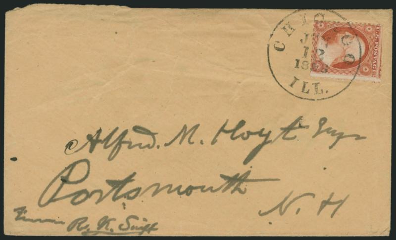 3c Dull Red, Chicago Perf 12-12 (11 var).> Position 96L6, bright color, scissors-trimmed perfs at top, tied by Chicago Ill. Jun. 12, 1856 circular datestamp on buff cover to Alfred M. Hoyt in Portsmouth N.H.,
ms. <From R. K. Swift> at bottom lef